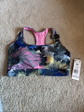adidas Pink Floral-Accent Racerback Sports Bra